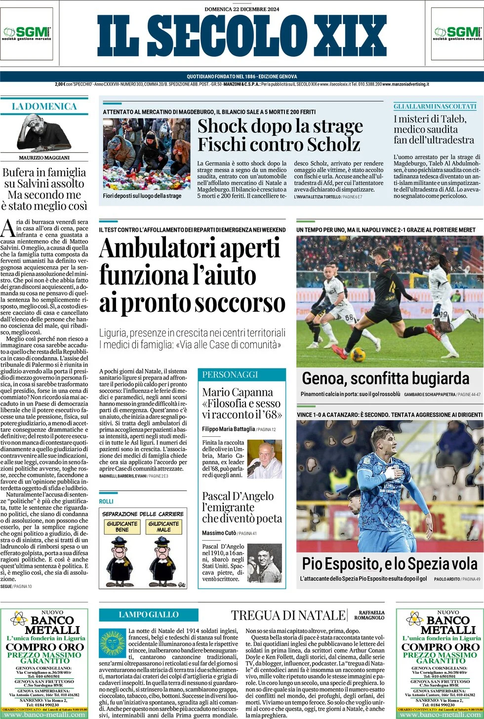 anteprima della prima pagina di il-secolo-xix del 22/12/2024
