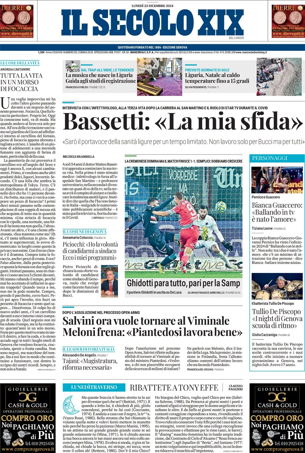 anteprima della prima pagina di il-secolo-xix del 23/12/2024