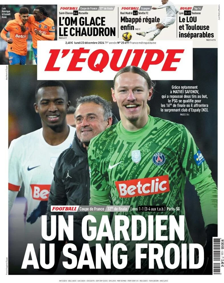 anteprima della prima pagina di lequipe del 23/12/2024