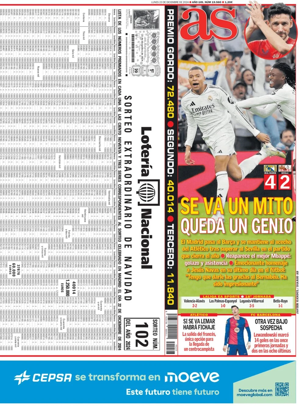 anteprima della prima pagina di as-madrid del 23/12/2024