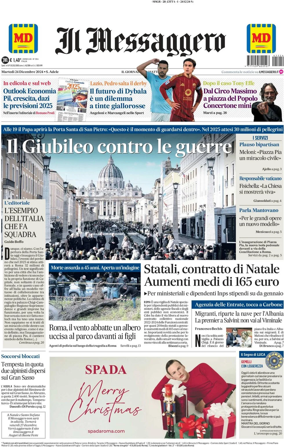 anteprima della prima pagina di il-messaggero del 24/12/2024