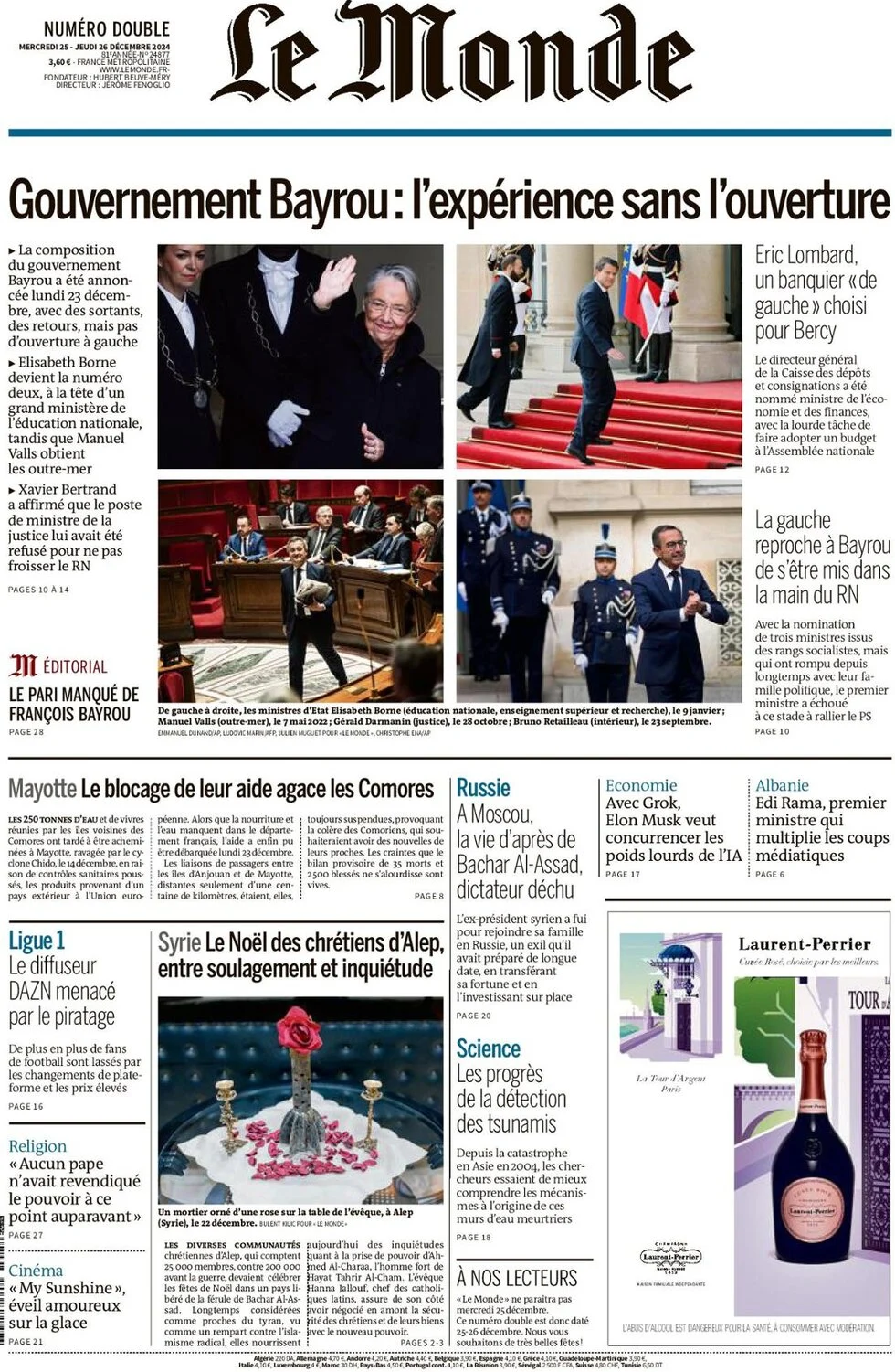 anteprima della prima pagina di le-monde del 25/12/2024