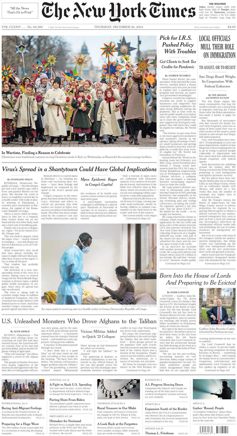 anteprima della prima pagina di the-new-york-times del 26/12/2024