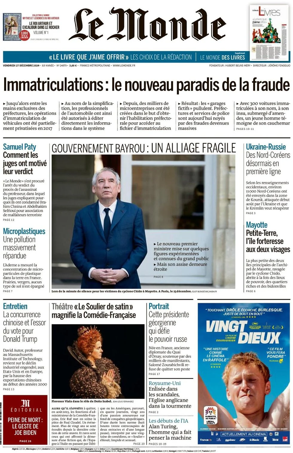 anteprima della prima pagina di le-monde del 26/12/2024