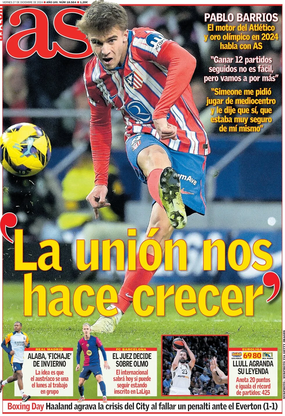 anteprima della prima pagina di as-madrid del 27/12/2024