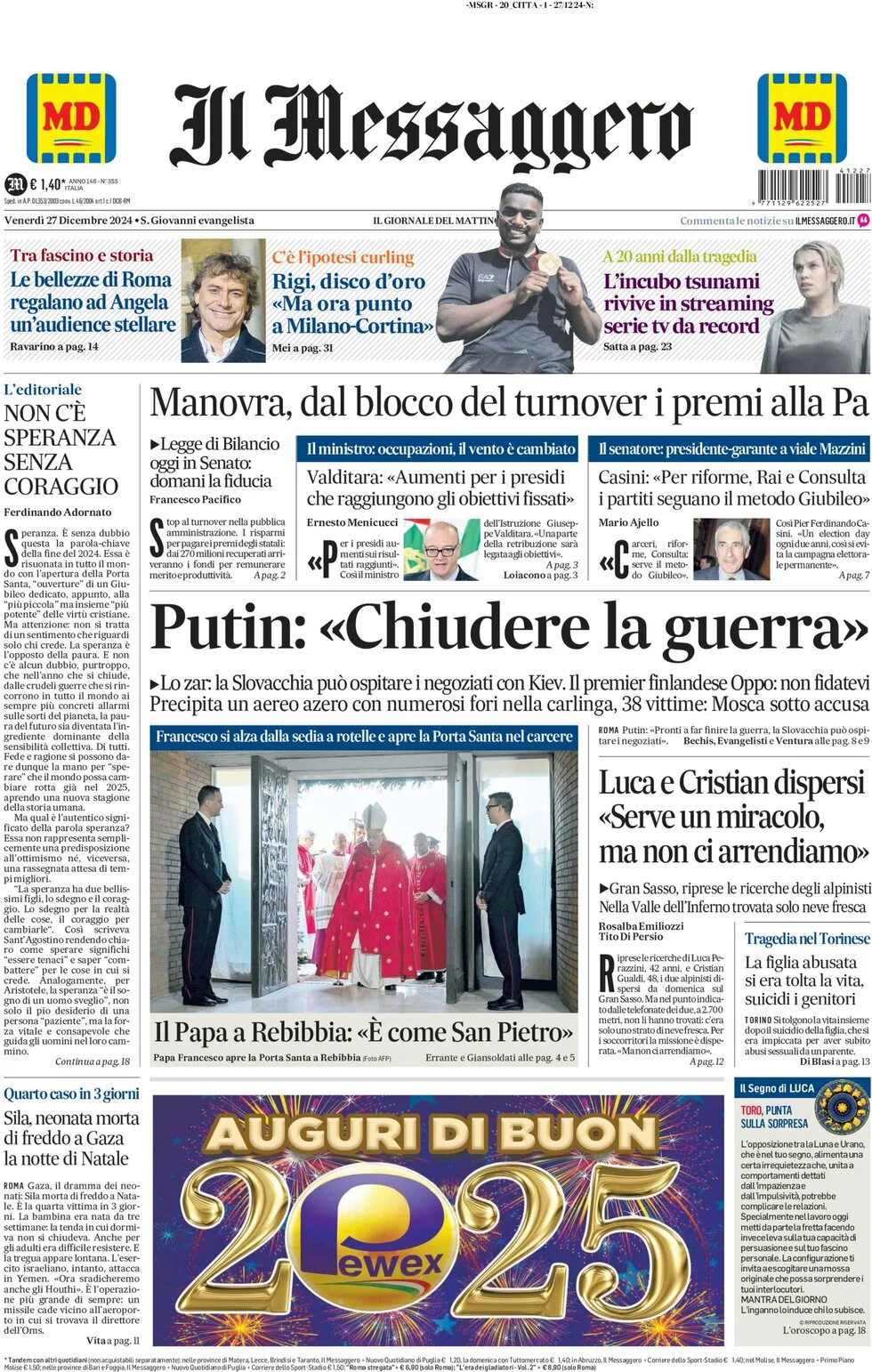 anteprima della prima pagina di il-messaggero del 27/12/2024