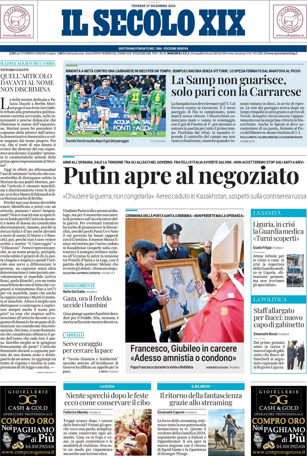 anteprima della prima pagina di il-secolo-xix del 27/12/2024