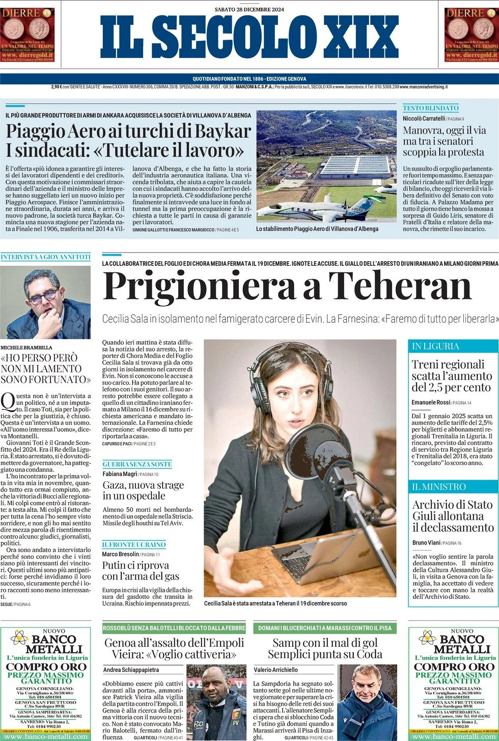 anteprima della prima pagina di il-secolo-xix del 28/12/2024