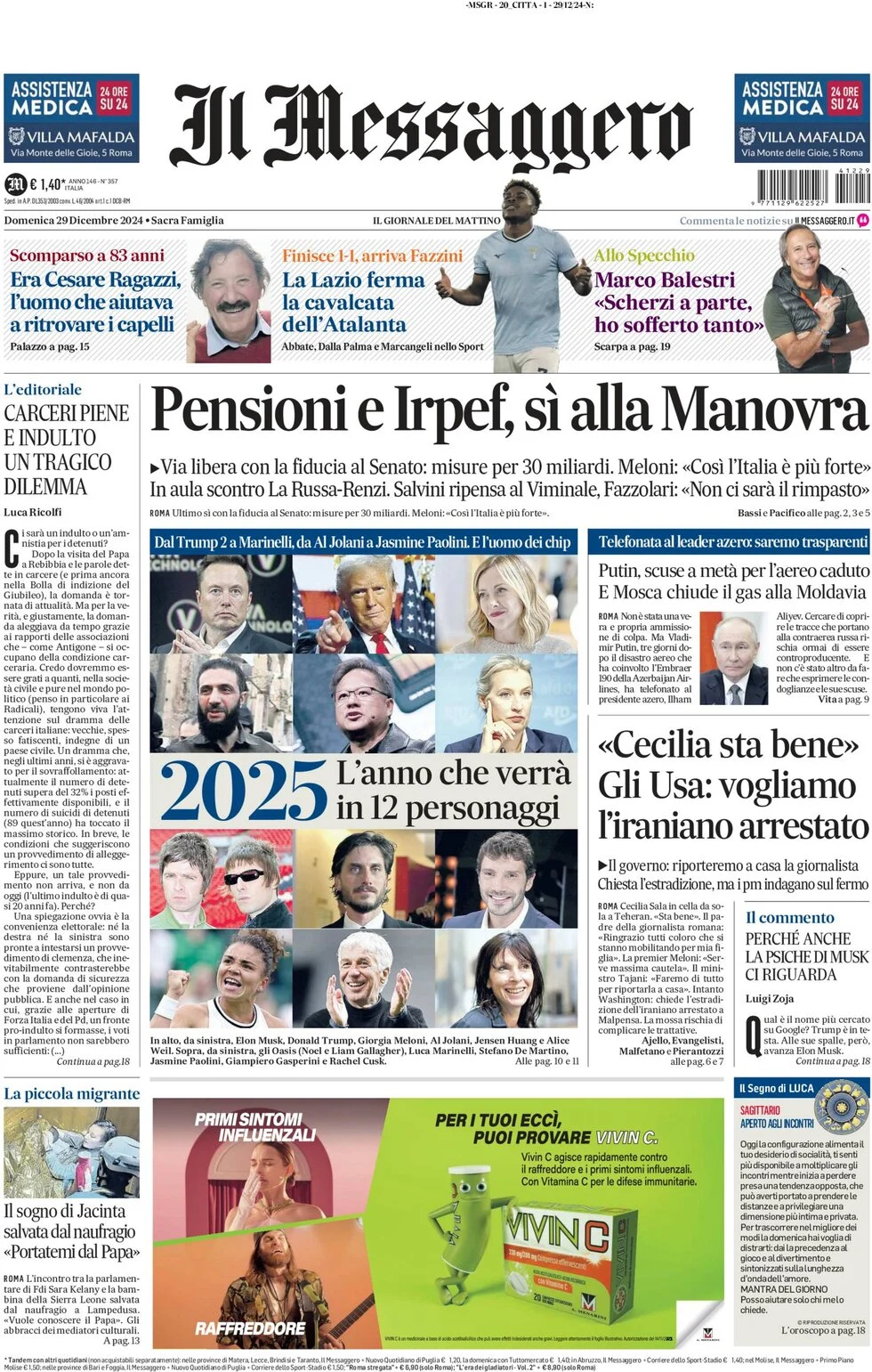 anteprima della prima pagina di il-messaggero del 28/12/2024