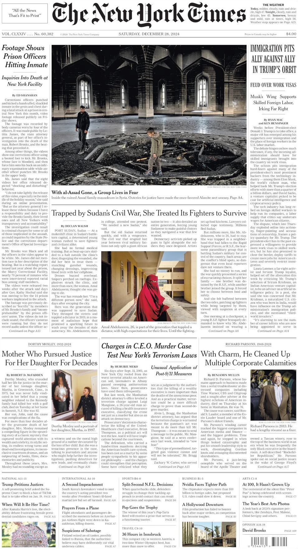 anteprima della prima pagina di the-new-york-times del 28/12/2024