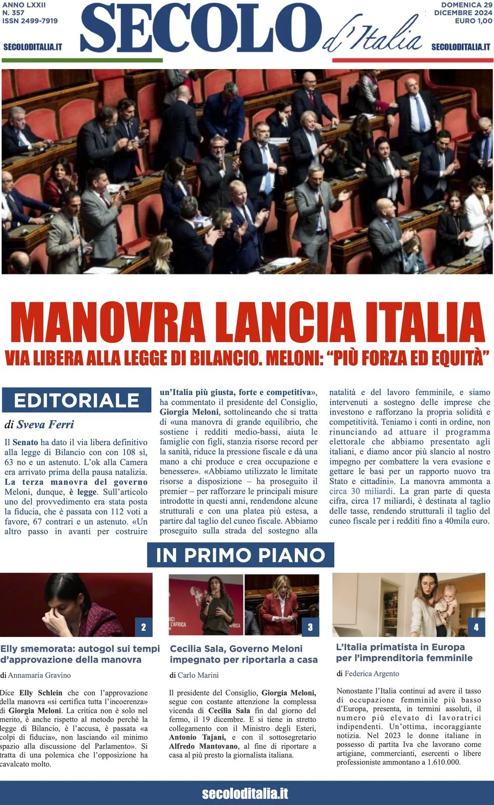 anteprima della prima pagina di secolo-ditalia del 29/12/2024