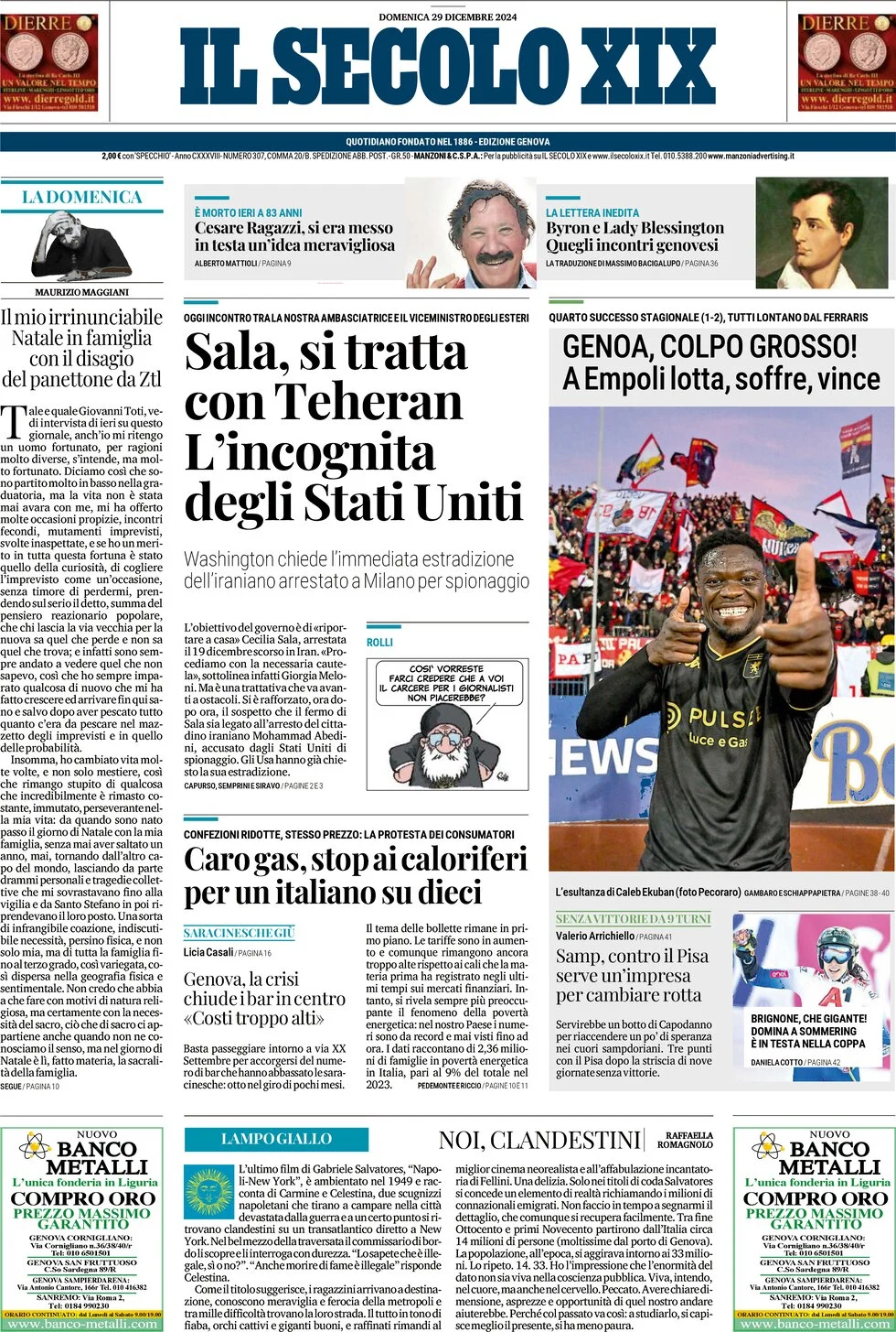 anteprima della prima pagina di il-secolo-xix del 29/12/2024