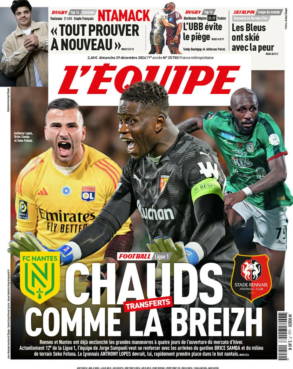anteprima della prima pagina di lequipe del 29/12/2024