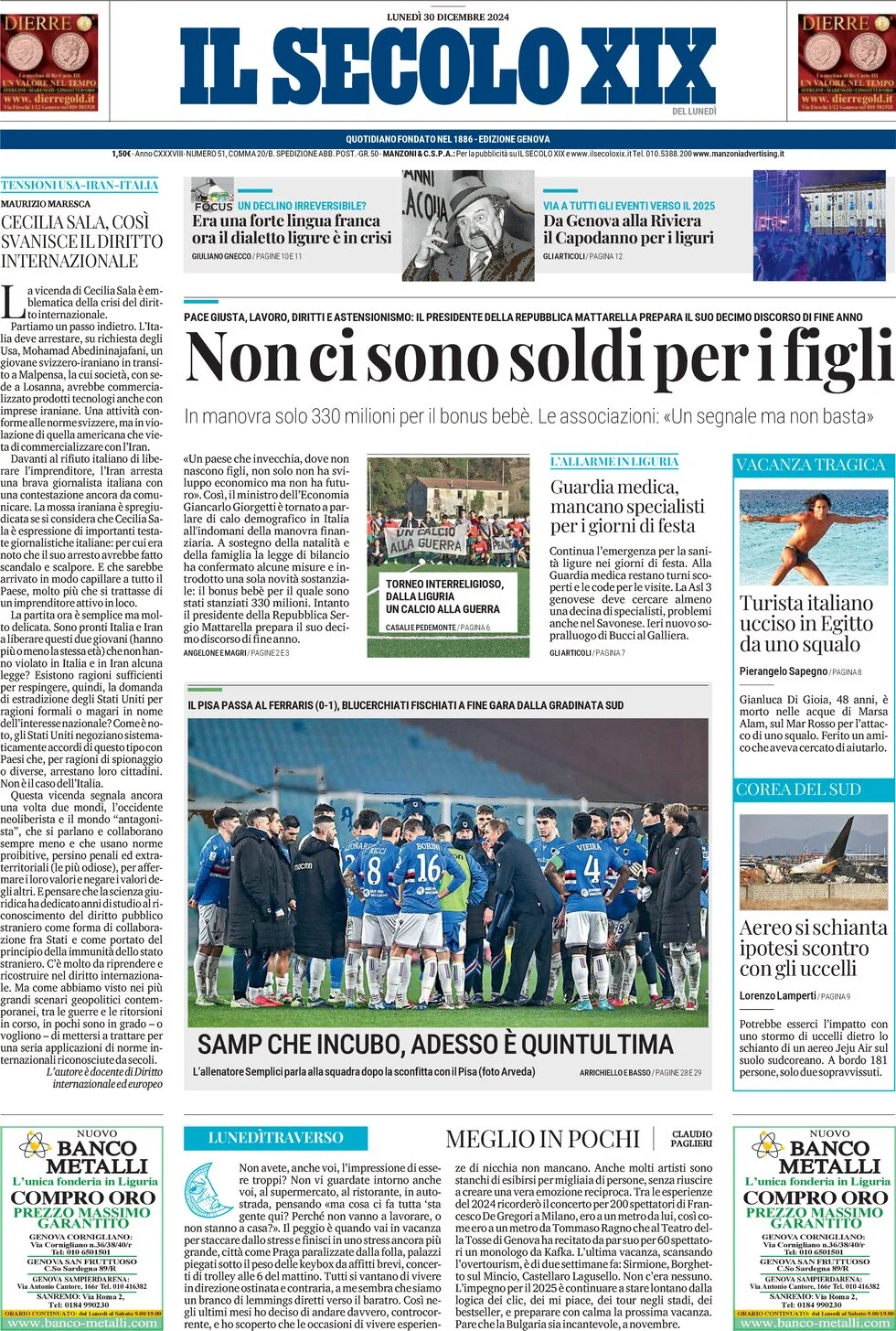 anteprima della prima pagina di il-secolo-xix del 30/12/2024