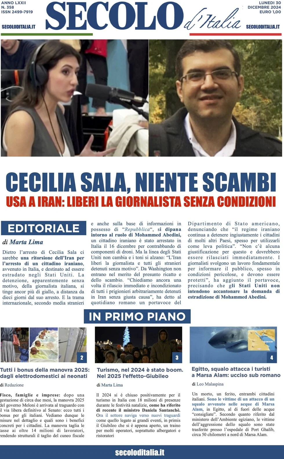 anteprima della prima pagina di secolo-ditalia del 30/12/2024