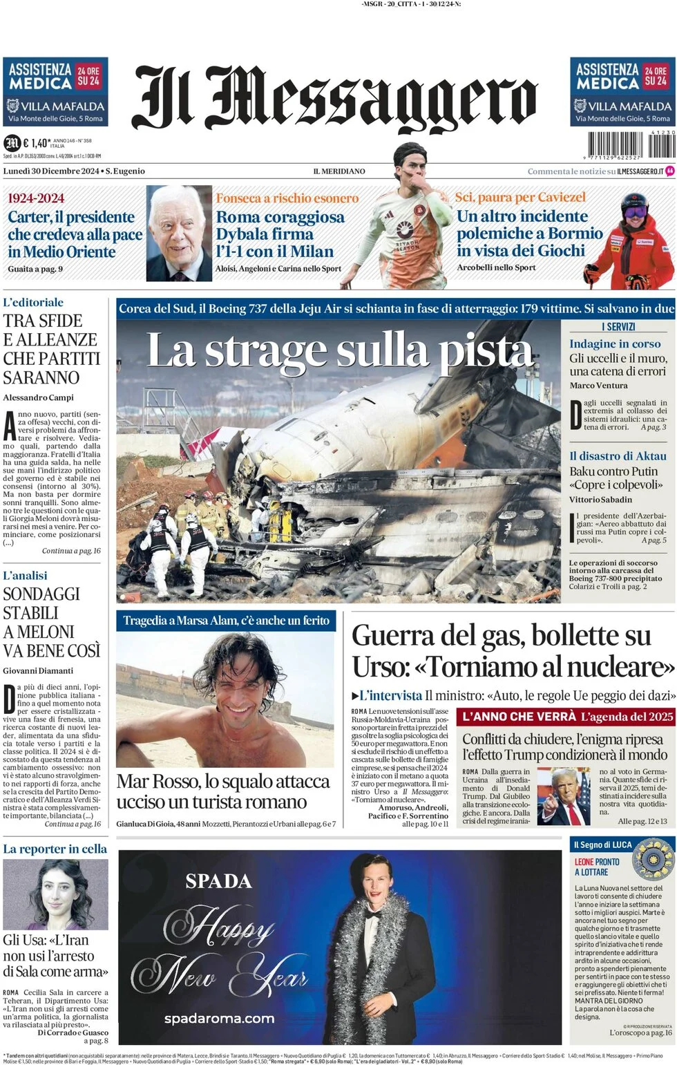anteprima della prima pagina di il-messaggero del 30/12/2024