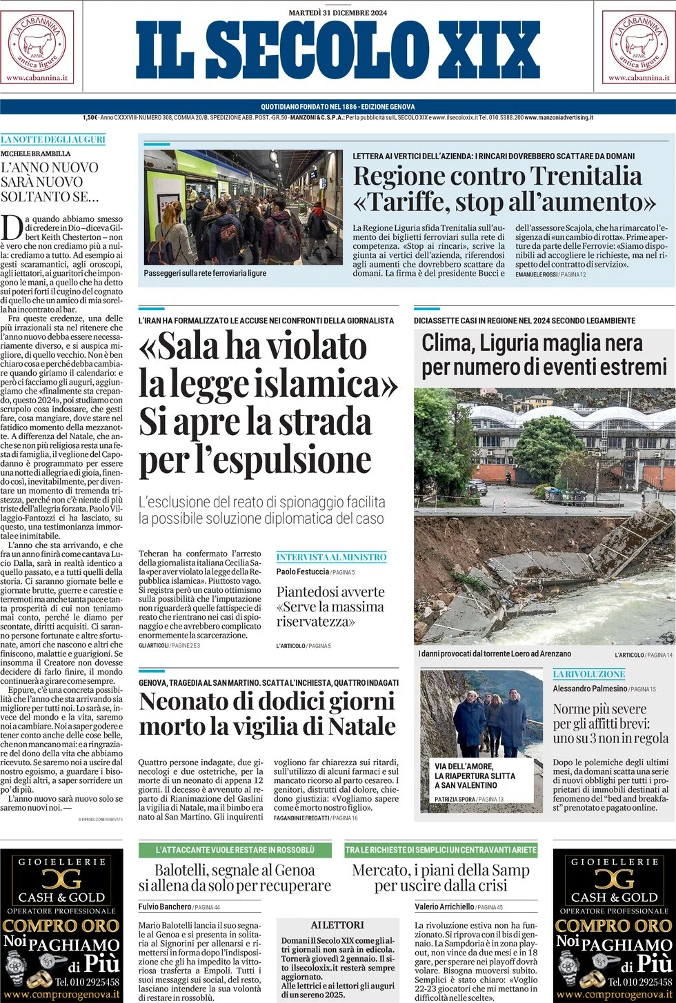 anteprima della prima pagina di il-secolo-xix del 31/12/2024