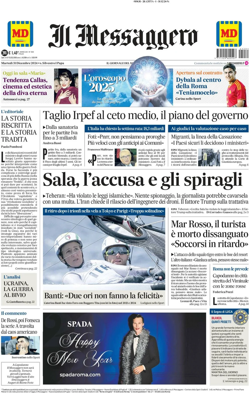 anteprima della prima pagina di il-messaggero del 31/12/2024