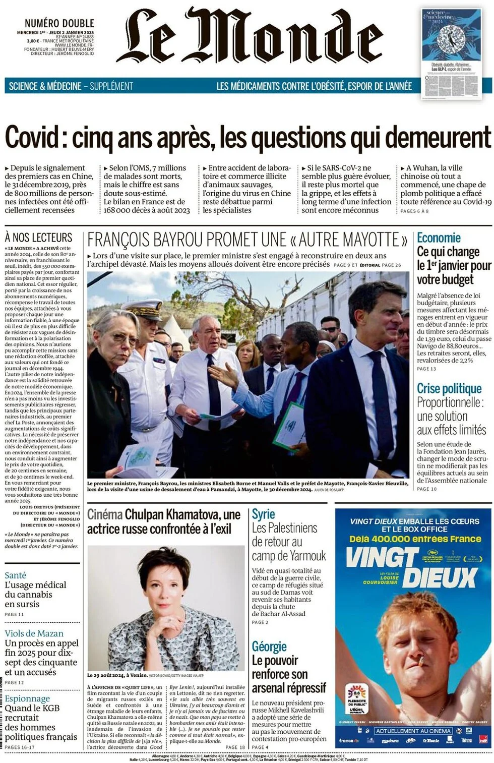 anteprima della prima pagina di le-monde del 01/01/2025