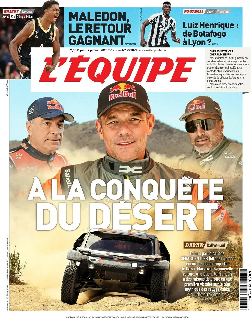 anteprima della prima pagina di lequipe del 02/01/2025