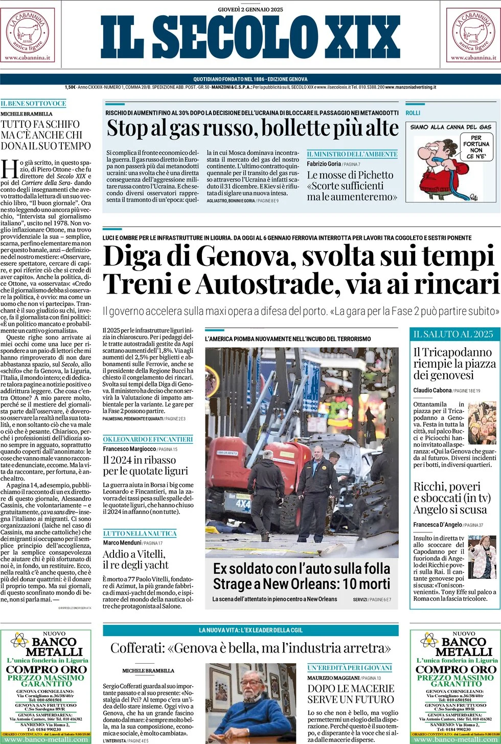 anteprima della prima pagina di il-secolo-xix del 02/01/2025