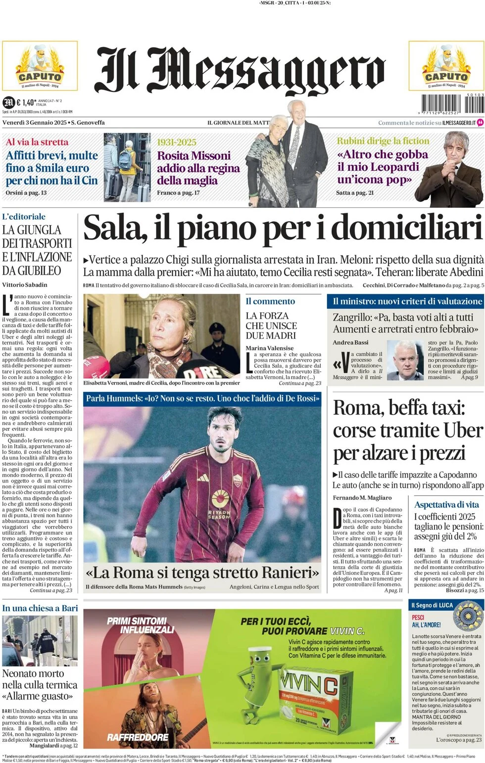 anteprima della prima pagina di il-messaggero del 02/01/2025