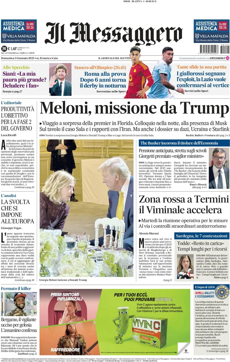 anteprima della prima pagina di il-messaggero del 04/01/2025