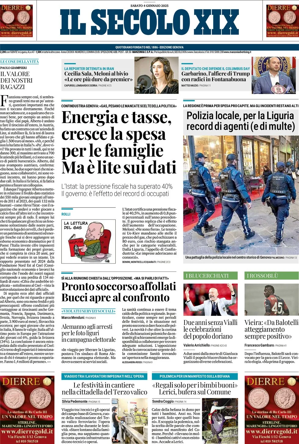 anteprima della prima pagina di il-secolo-xix del 04/01/2025