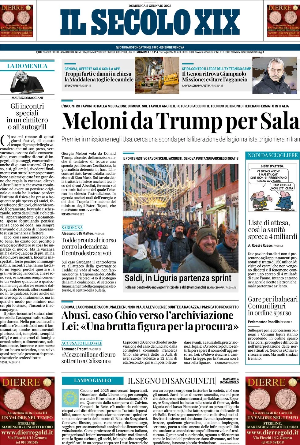 anteprima della prima pagina di il-secolo-xix del 05/01/2025