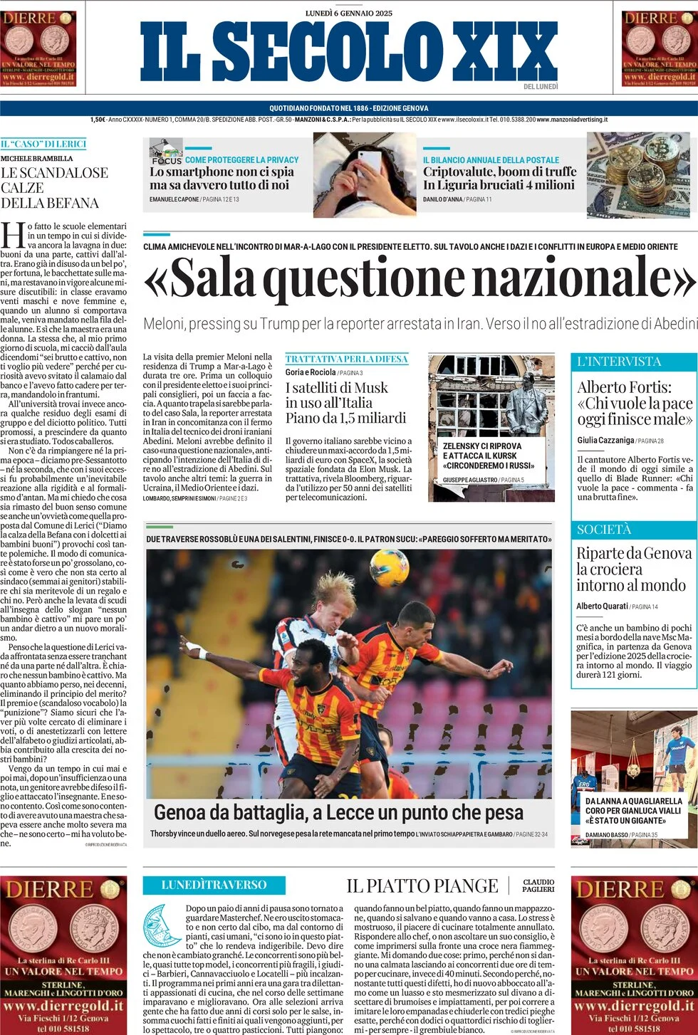 anteprima della prima pagina di il-secolo-xix del 06/01/2025