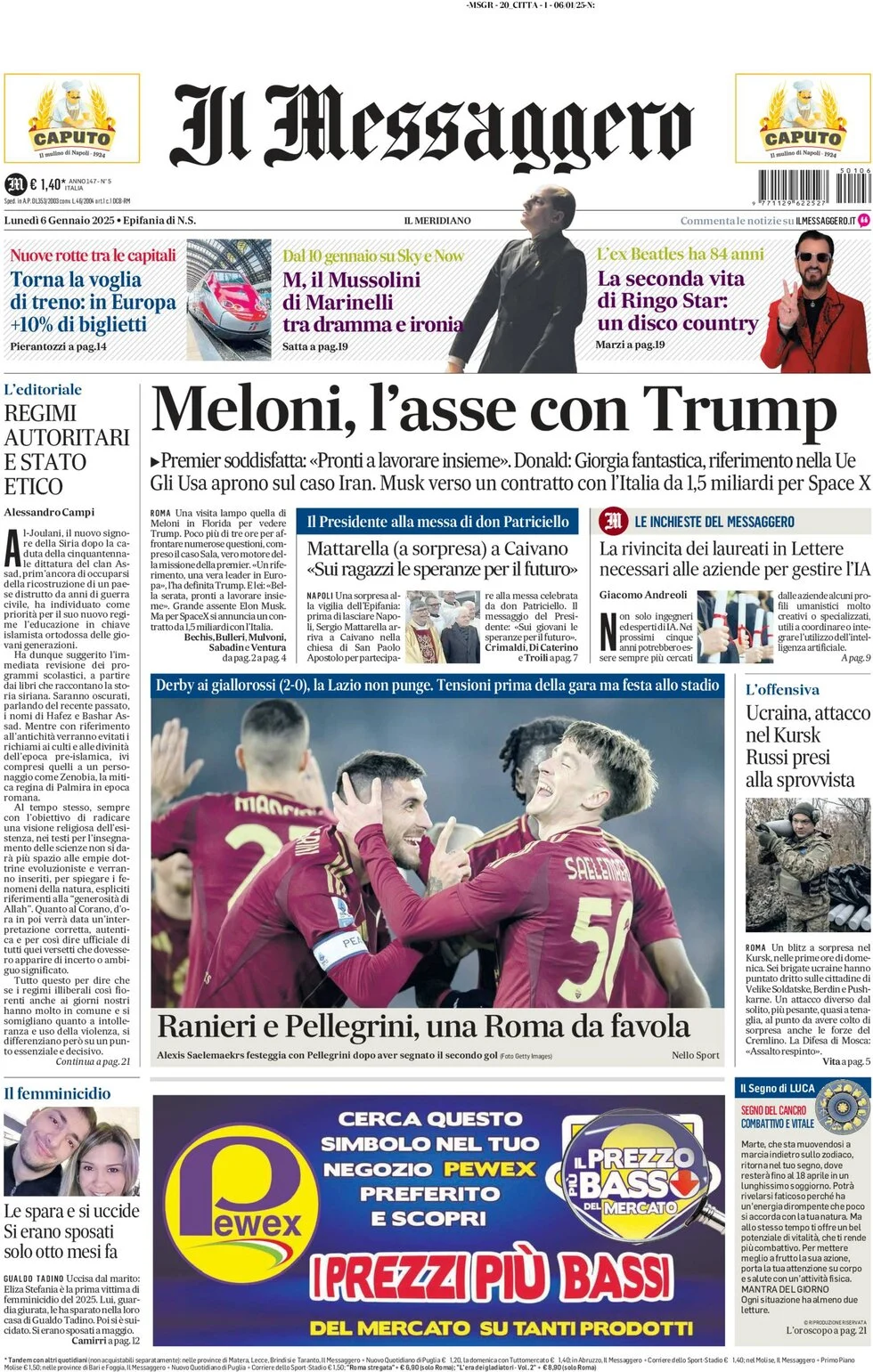 anteprima della prima pagina di il-messaggero del 06/01/2025