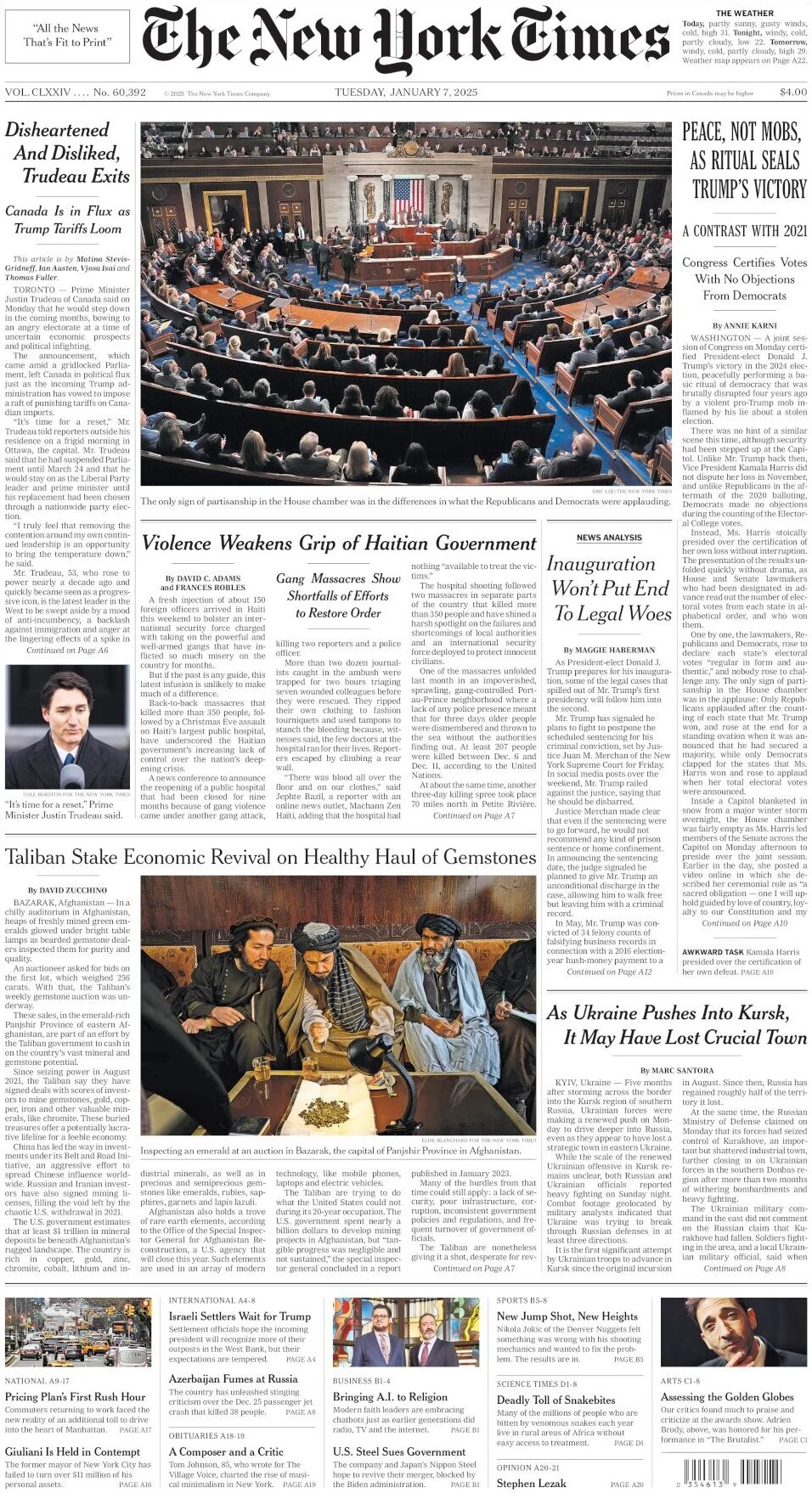 anteprima della prima pagina di the-new-york-times del 07/01/2025