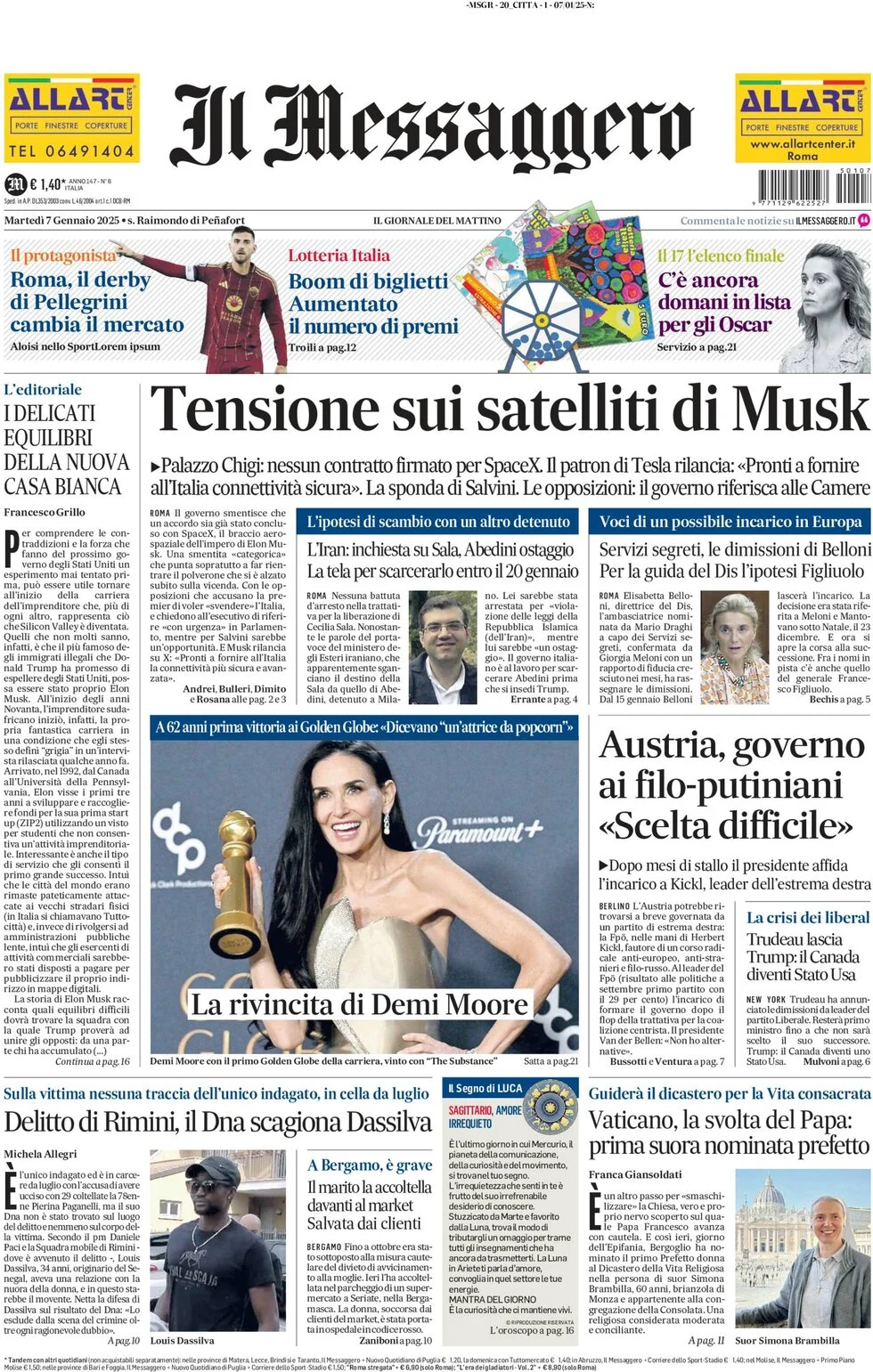 anteprima della prima pagina di il-messaggero del 07/01/2025