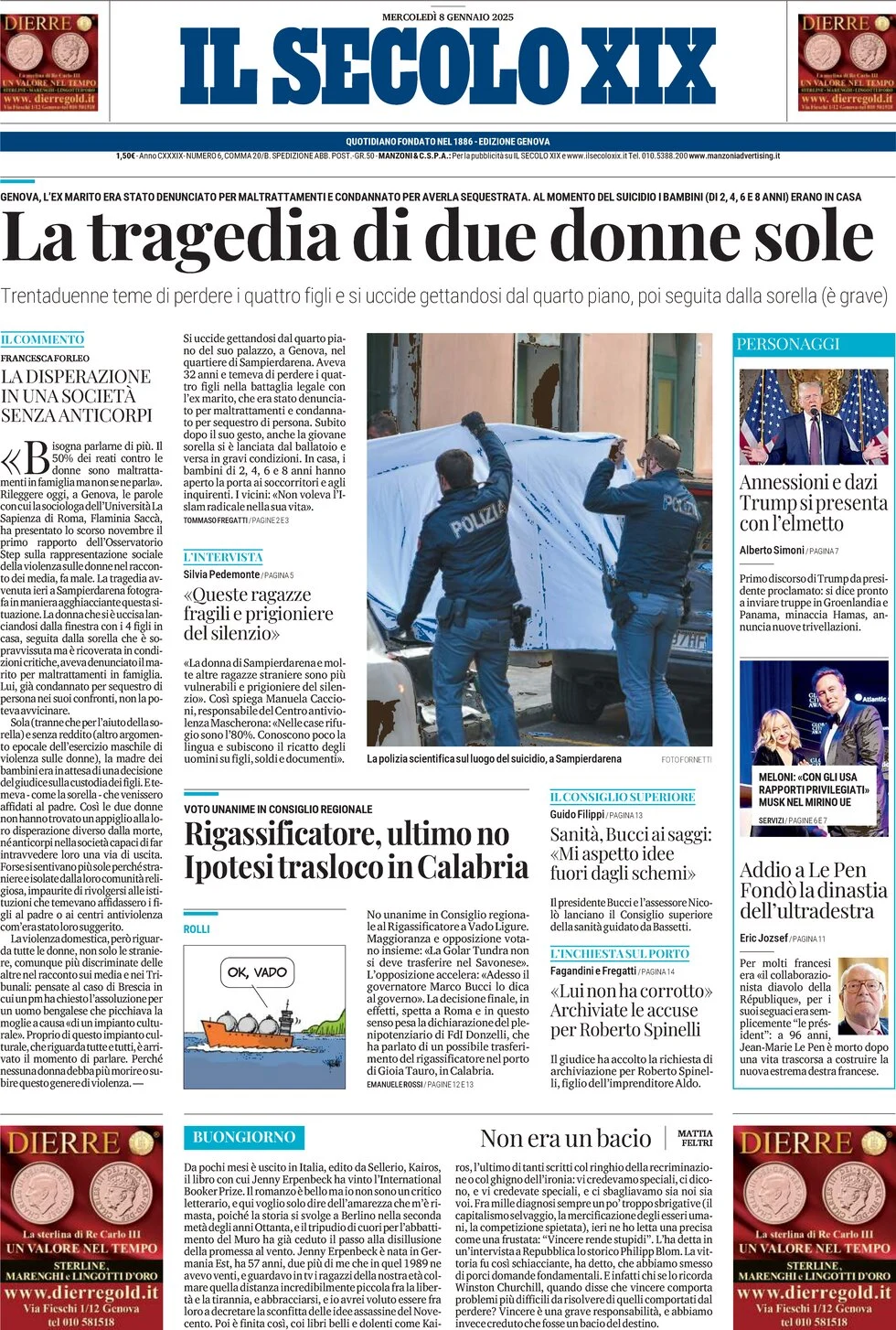 anteprima della prima pagina di il-secolo-xix del 08/01/2025