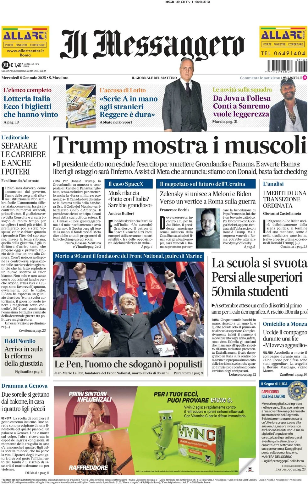 anteprima della prima pagina di il-messaggero del 08/01/2025