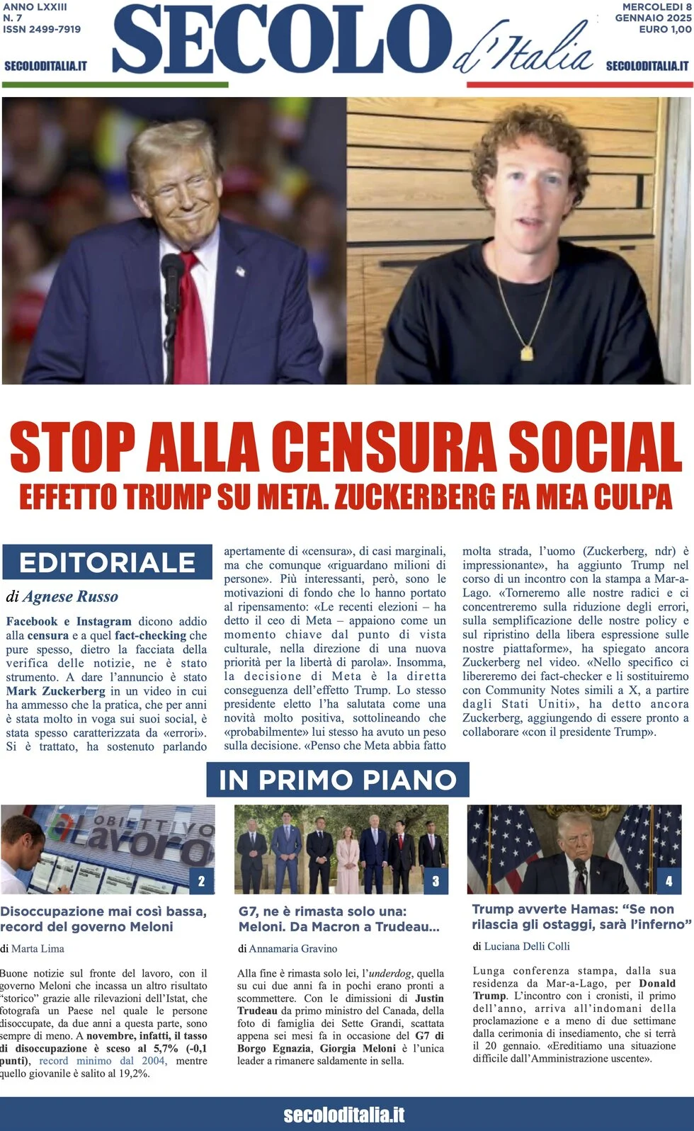 anteprima della prima pagina di secolo-ditalia del 08/01/2025