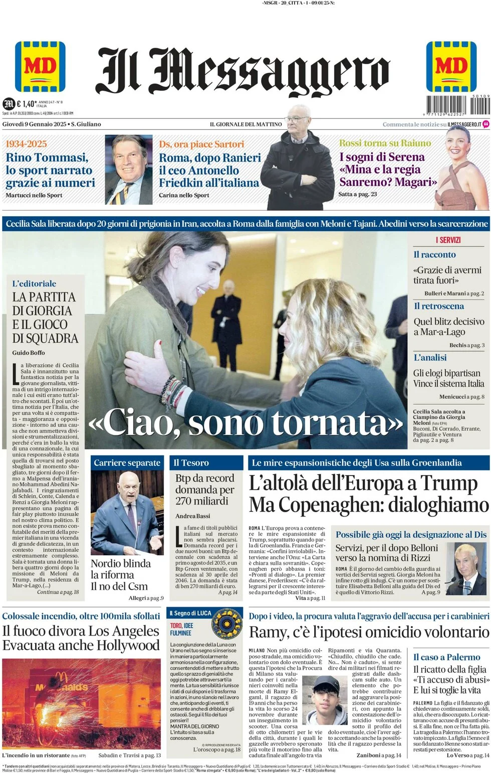 anteprima della prima pagina di il-messaggero del 09/01/2025