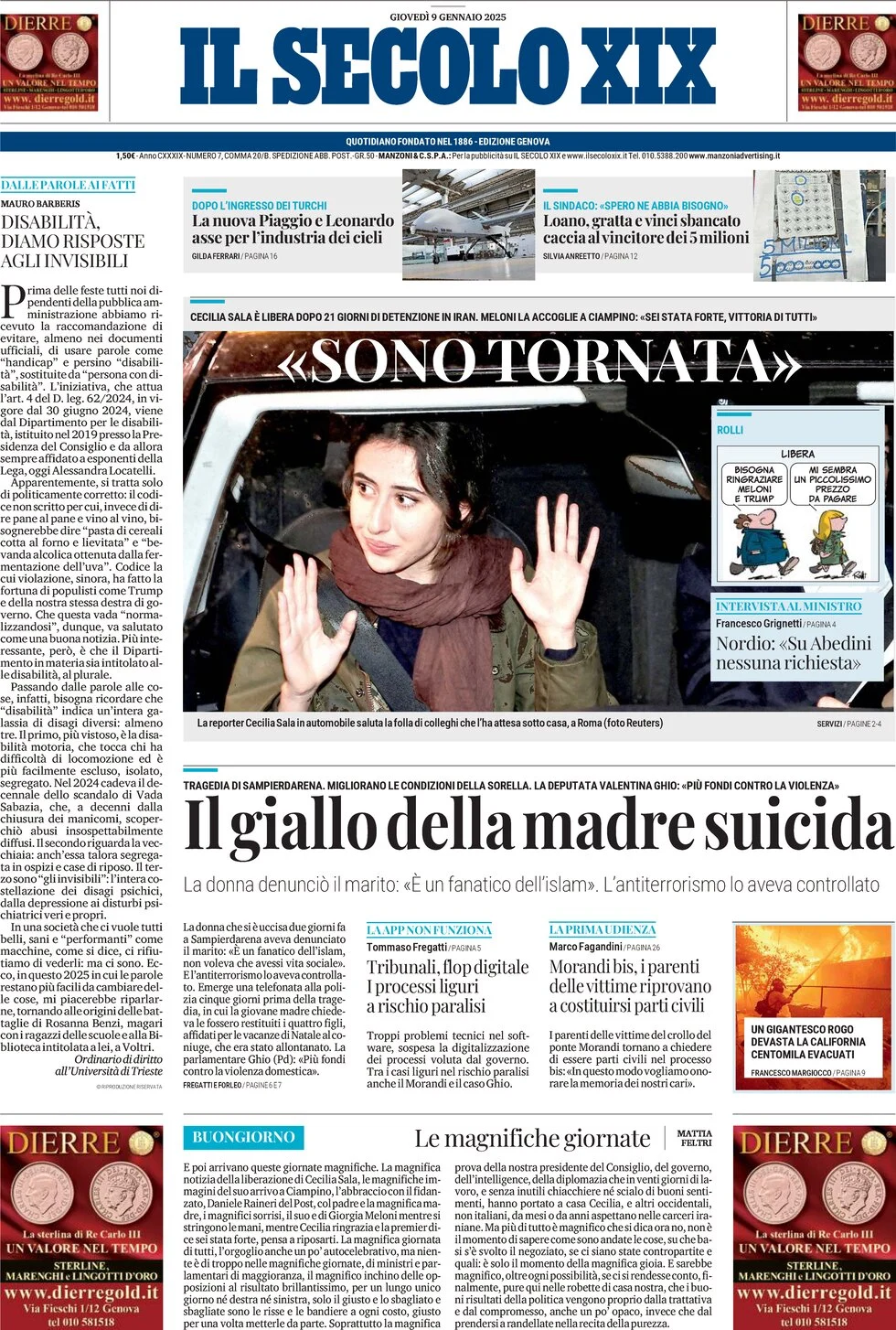 anteprima della prima pagina di il-secolo-xix del 09/01/2025