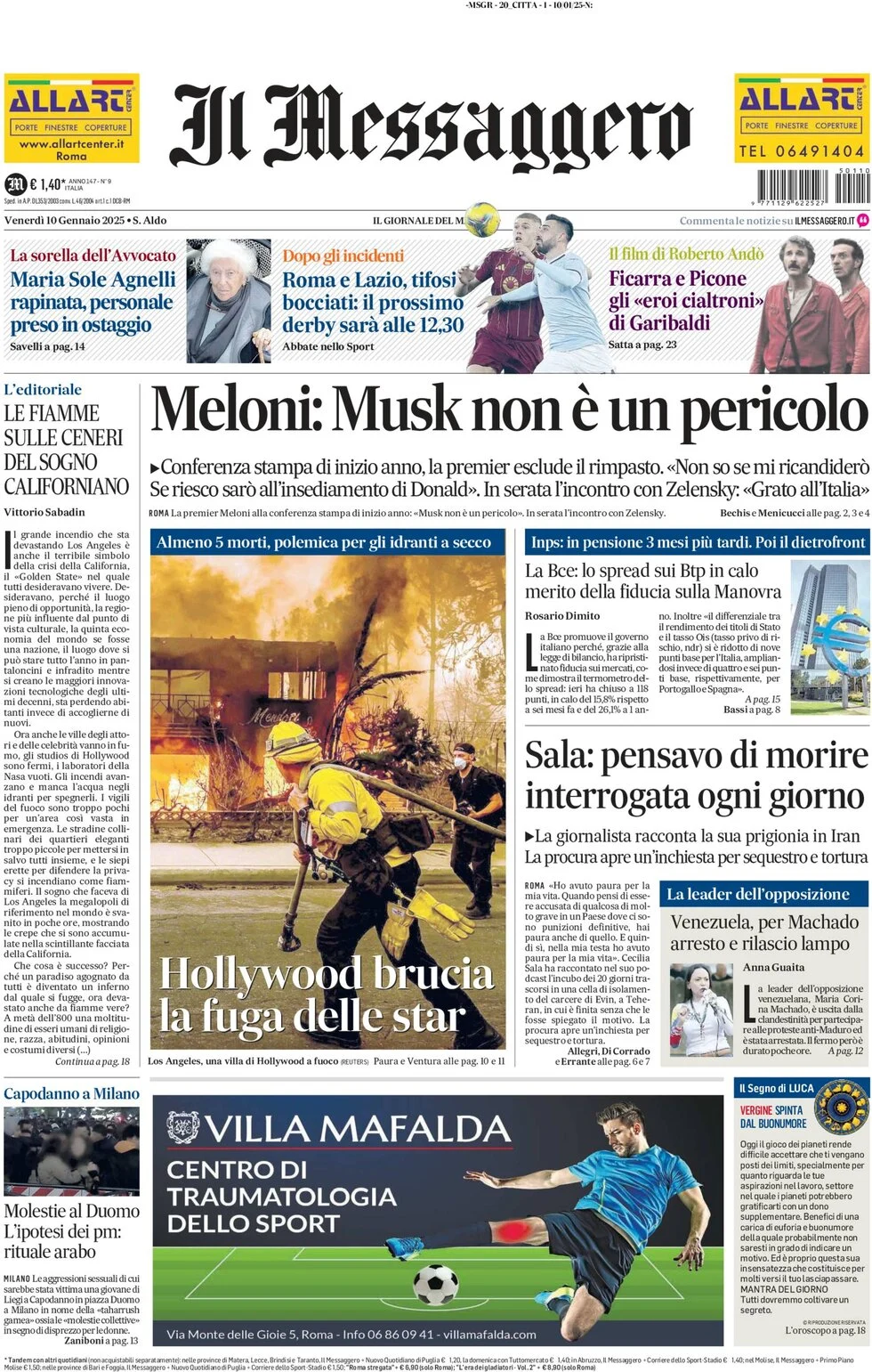 anteprima della prima pagina di il-messaggero del 10/01/2025
