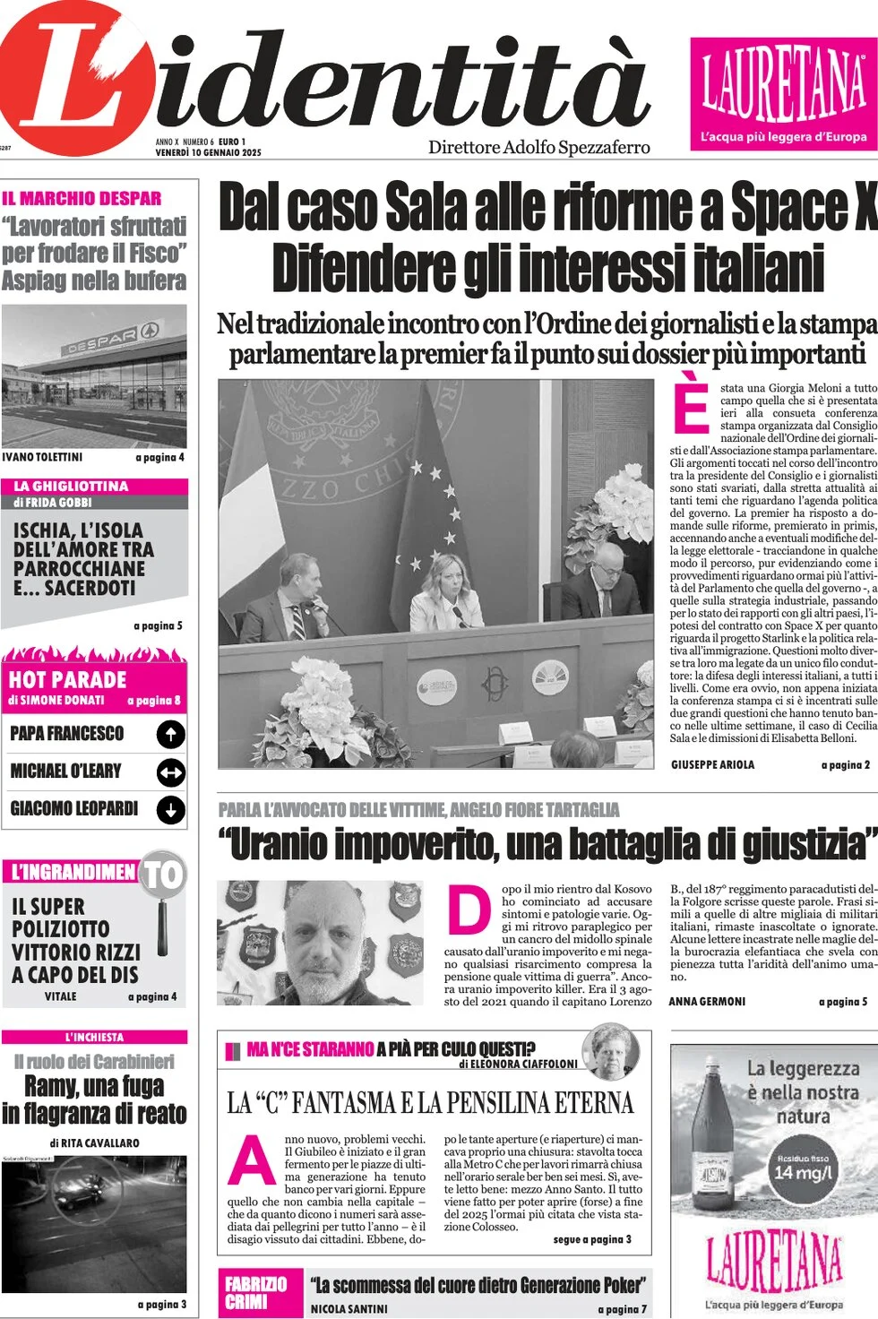 anteprima della prima pagina di lidentit del 10/01/2025