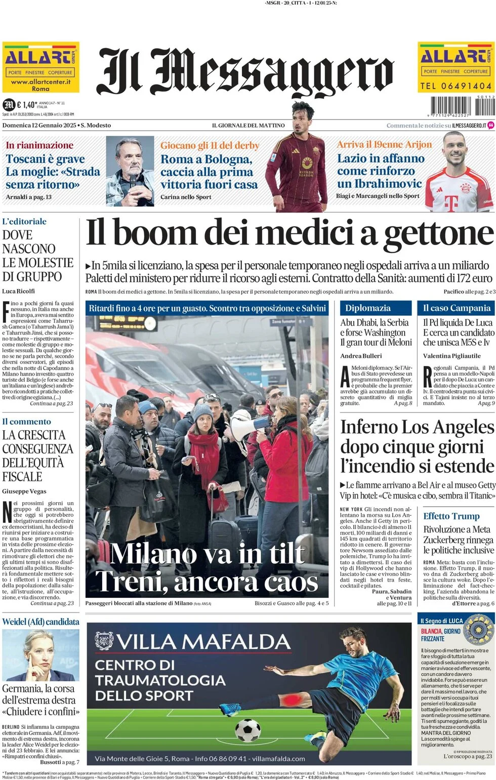 anteprima della prima pagina di il-messaggero del 12/01/2025