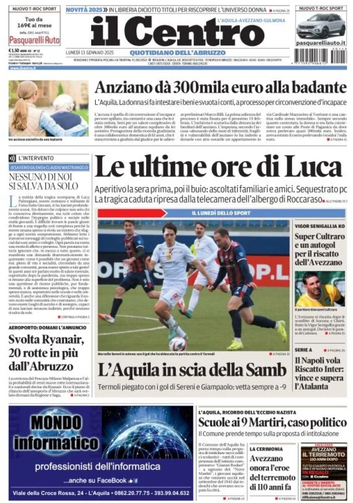 anteprima della prima pagina di il-centro-laquila del 13/01/2025