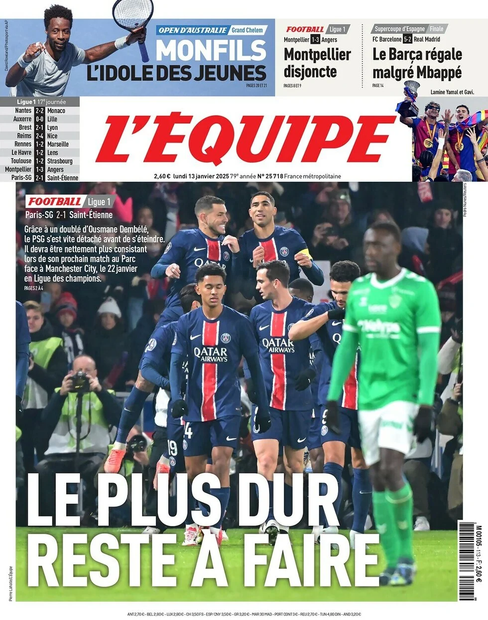 anteprima della prima pagina di lequipe del 13/01/2025