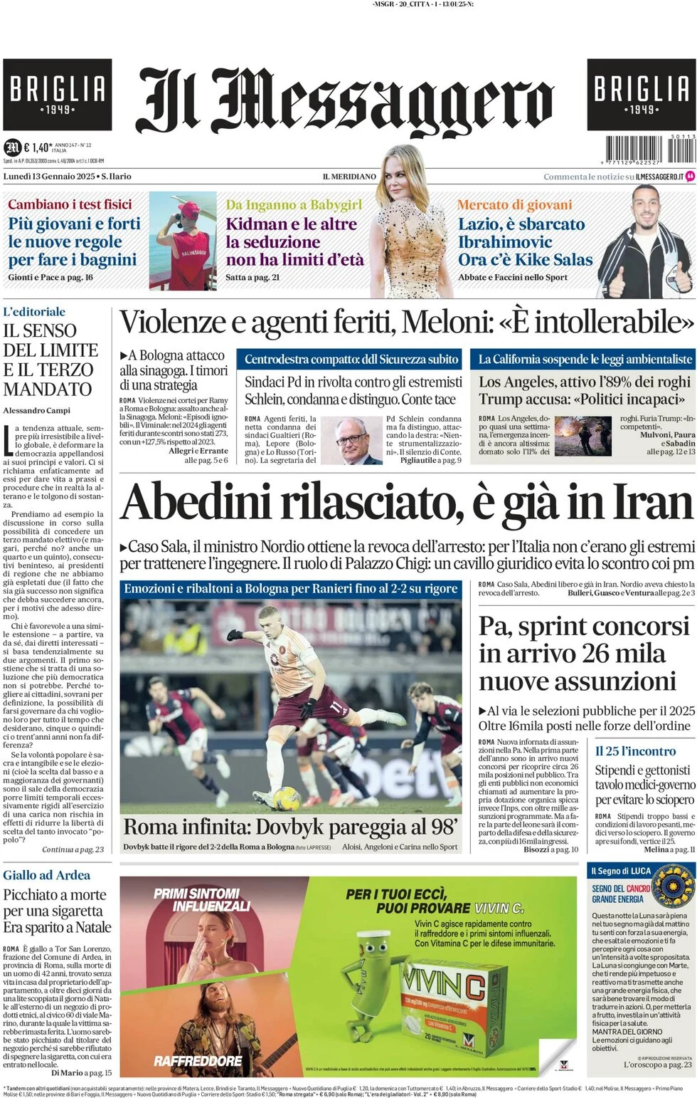 anteprima della prima pagina di il-messaggero del 13/01/2025