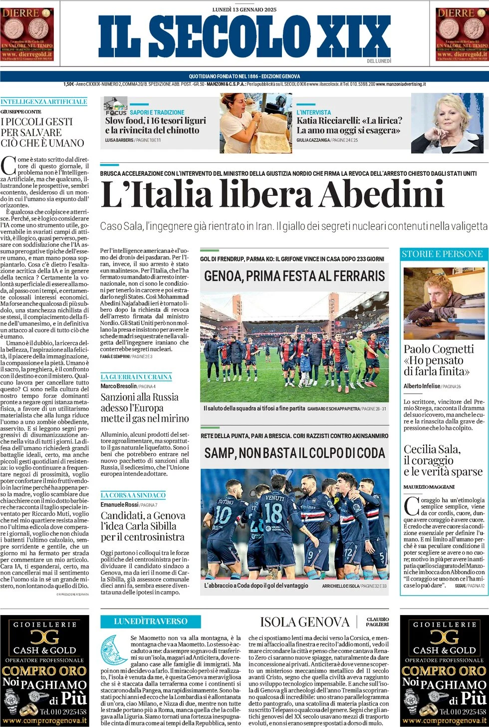 anteprima della prima pagina di il-secolo-xix del 13/01/2025