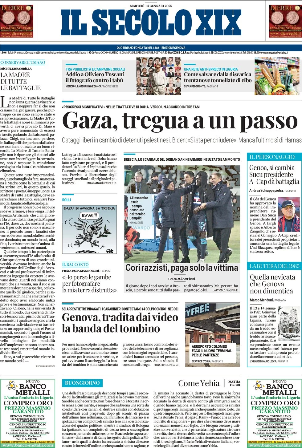 anteprima della prima pagina di il-secolo-xix del 14/01/2025