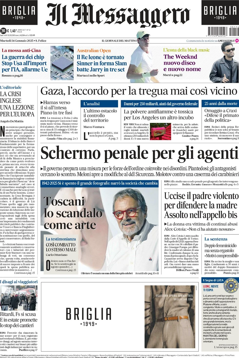 anteprima della prima pagina di il-messaggero del 14/01/2025