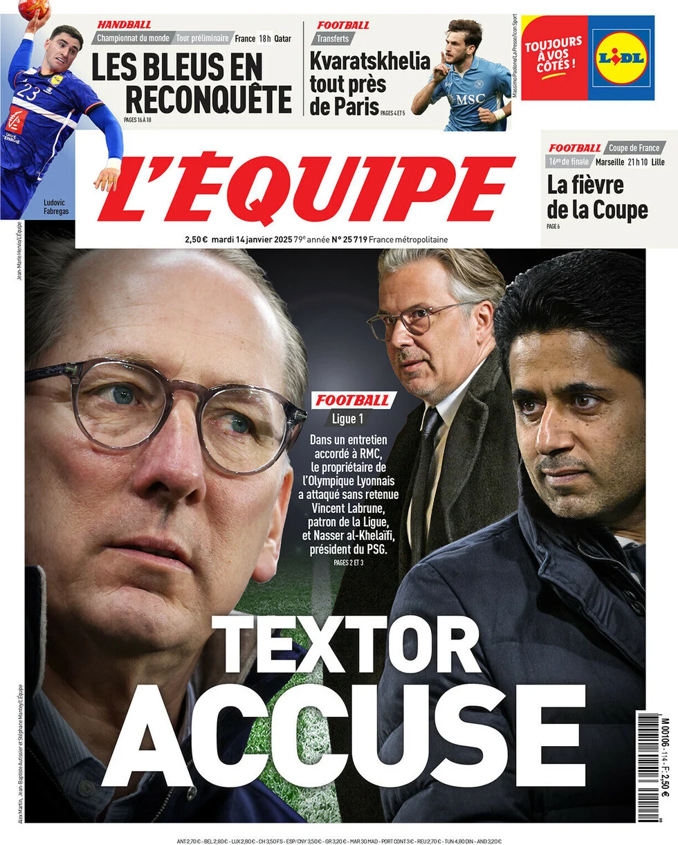 anteprima della prima pagina di lequipe del 14/01/2025
