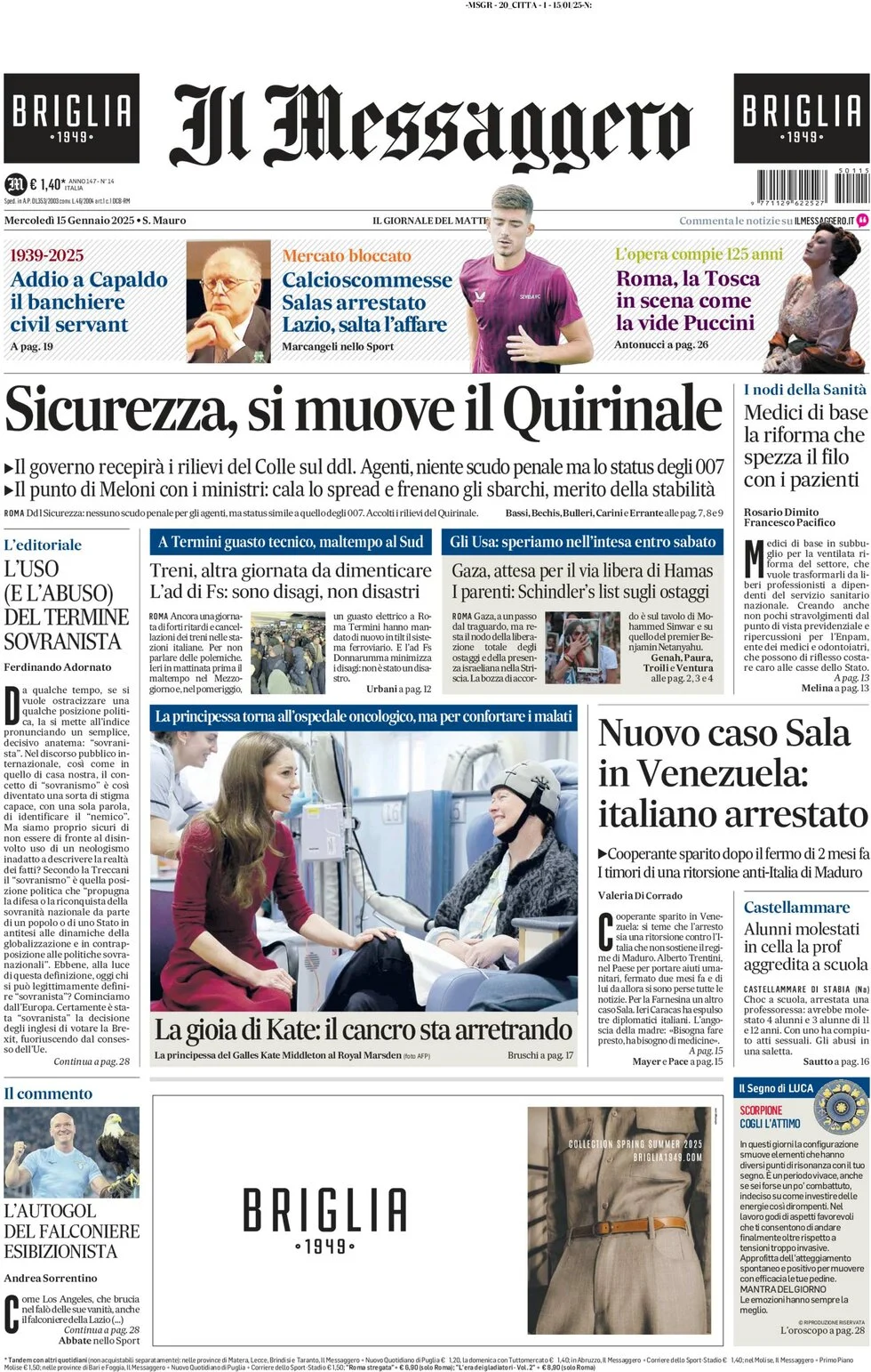 anteprima della prima pagina di il-messaggero del 15/01/2025