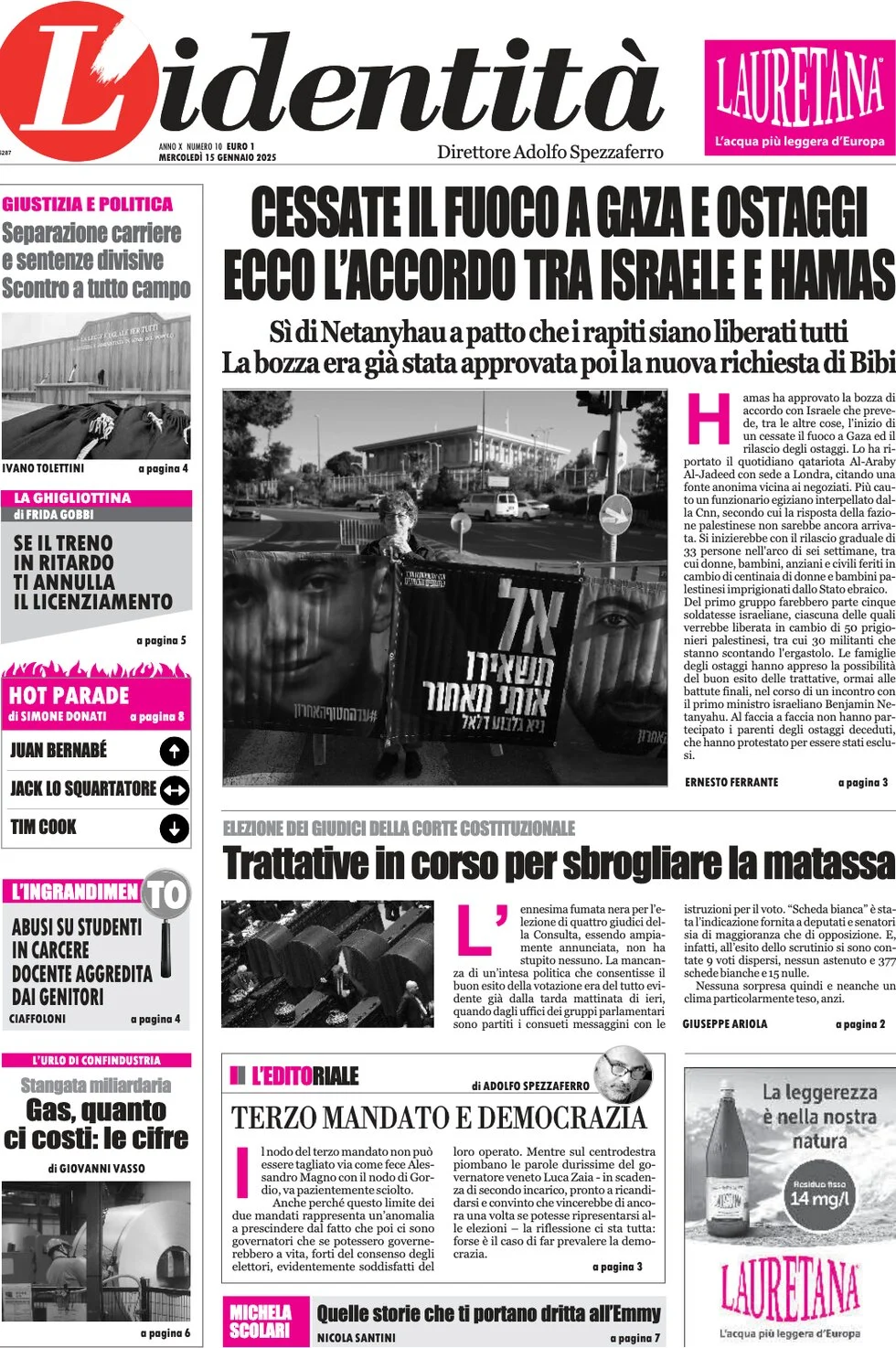 anteprima della prima pagina di lidentit del 15/01/2025